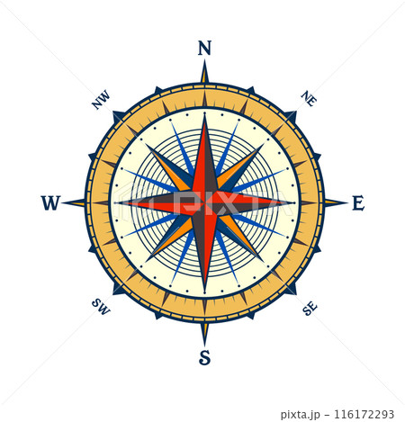 Vintage marine wind rose, nautical chart. Colorful navigational compass with cardinal directions of North, East, South, West. Geographical position, cartography and navigation. Vector illustration Vintage marine wind rose, nautical chart. Colorful navigational compass with cardinal directions of North, East, South, West. Geographical position, cartography and navigation. Vector illustration 116172293