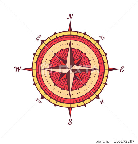 Vintage marine wind rose, nautical chart. Colorful navigational compass with cardinal directions of North, East, South, West. Geographical position, cartography and navigation. Vector illustration 116172297