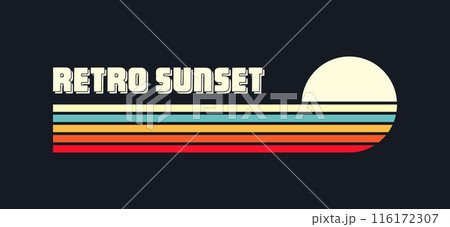 Vintage sunset collection. Various colorful striped sunrise badges in 80s and 90s style. Sun and ocean view, summer vibes, surfing. Design element for print, logo or t-shirt. Vector illustration Vintage sunset collection. Various colorful striped sunrise badges in 80s and 90s style. Sun and ocean view, summer vibes, surfing. Design element for print, logo or t-shirt. Vector illustration 116172307