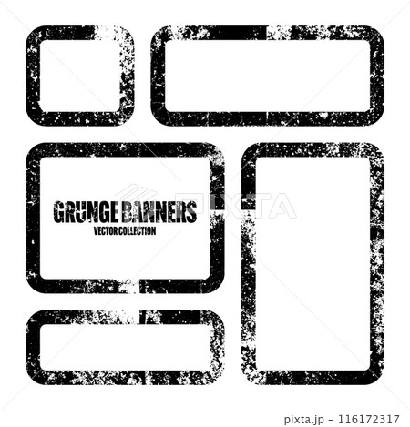Grunge square frames, banners with stains and scratches. Brush stroke, rectangular shape design element. Distressed dirty text frame, border. Paintbrush, ink stains. Vector illustration 116172317