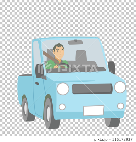 Illustration of a man driving a small pickup truck 116172937