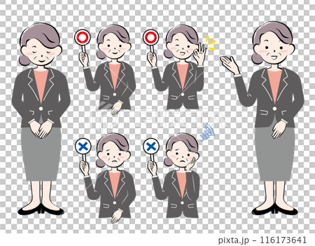 Set of senior women in suits bowing guide yes no 116173641