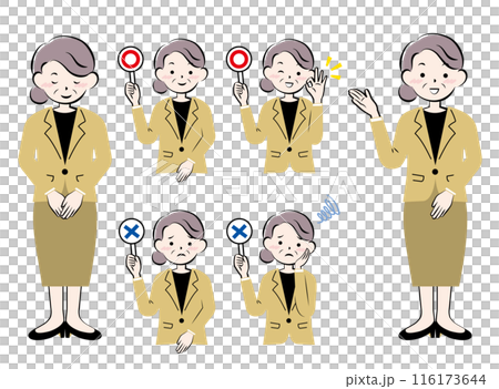 Set of senior women in suits bowing guide yes no 116173644