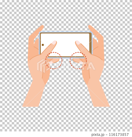 スマホの下部に小指を当てて支える両手持ちイメージイラスト（スマホ指） 116173857