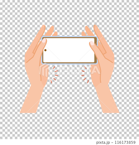 Illustration of how to hold a smartphone with minimal strain (supported by palm, operated with both hands 02) Illustration of how to hold a smartphone with minimal strain (supported by palm, operated with both hands 02) 116173859