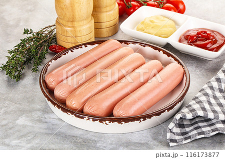 Boiled sausages with ketchup and mustard 116173877