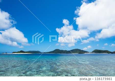 慶良間諸島、座間味島から見た空と海と島の風景 116173981