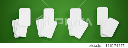 3d set of white blank playing cards mockup for poker, blackjack or board games isolated on green table background. Online casino live dealer dealing hand cards in app, gambling render. 3D illustration 116174275