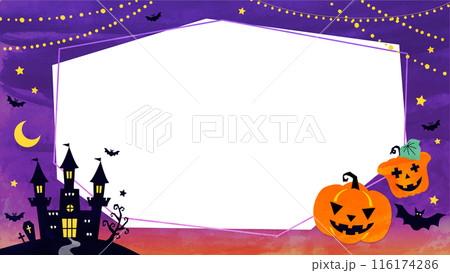 ハロウィンのコピースペース付き背景イラストフレーム　かぼちゃとお城、水彩風 116174286