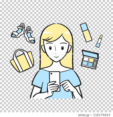 A young woman enjoying online shopping on her smartphone (no background, simple) 116174624