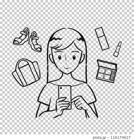 一位年輕女子在智慧型手機上享受網上購物（線圖） 116174627