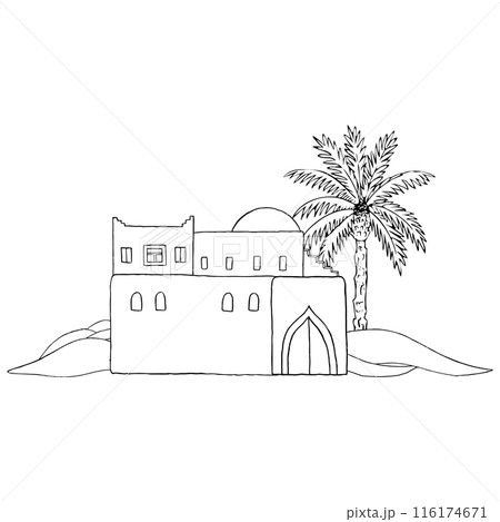 Desert double decker ancient house in sand with palm tree line vector illustration in black and white. Middle East traditional architecture in Israel, Saudi Arabia or Morocco for Jewish culture Desert double decker ancient house in sand with palm tree line vector illustration in black and white. Middle East traditional architecture in Israel, Saudi Arabia or Morocco for Jewish culture 116174671