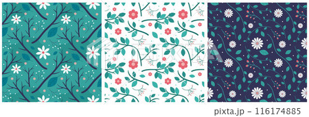 Floral Seamless Pattern Design Illustration with Blooming Branches and Leaf Flower in Hand-Drawn Cartoon Style Template 116174885