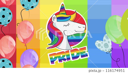 Image of pride text with unicorn and balloons on rainbow background 116174951