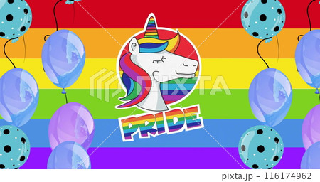 Image of pride text with unicorn and balloons on rainbow background 116174962