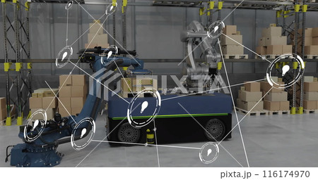 Image of network of connections with icons over warehouse 116174970