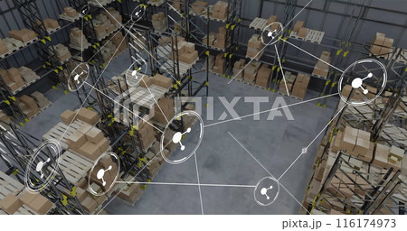 Image of network of connections with icons over warehouse 116174973