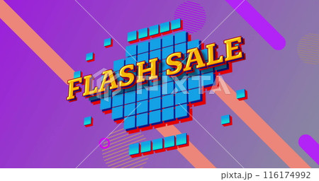 Image of yellow flash sale text over blue squares on purple background 116174992