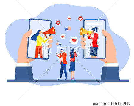 Top Key Opinion Leader, woman use Social media influencer. Blogger man with megaphone and Tiny people followers.Girl with Currency Sign from Video Blogging Activity.Modern flat cartoon style. vector 116174997