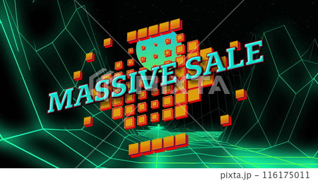 Image of blue massive sale text over yellow squares and green lines on black background 116175011