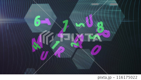 Image of changing green numbers and purple letters over grey hexagons and dark background Image of changing green numbers and purple letters over grey hexagons and dark background 116175022