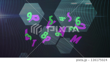 Image of changing green numbers and purple letters over grey hexagons and dark background 116175024