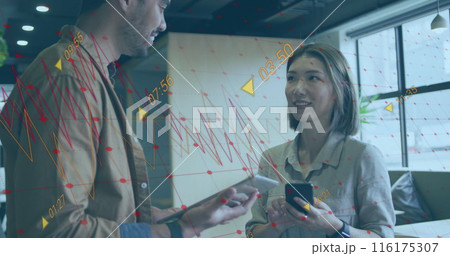 Image of multiple graphs with changing numbers over diverse coworkers discussing in office Image of multiple graphs with changing numbers over diverse coworkers discussing in office 116175307