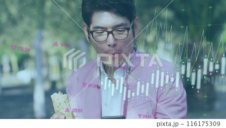 Image of graphs and changing numbers, asian woman scrolling on cellphone while eating food Image of graphs and changing numbers, asian woman scrolling on cellphone while eating food 116175309