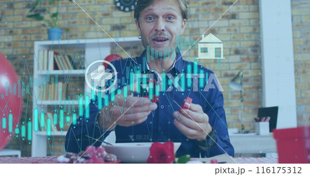 Image of graphs and icons over caucasian man proposing with ring on image call 116175312