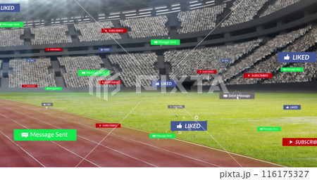 Image of social media icons floating against empty sports stadium Image of social media icons floating against empty sports stadium 116175327