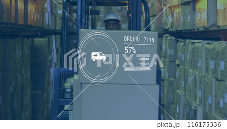 Image of data processing against biracial male worker operating a forklift at warehouse Image of data processing against biracial male worker operating a forklift at warehouse 116175336