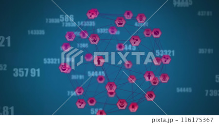 Image of connected icons globe and changing numbers over blue background 116175367