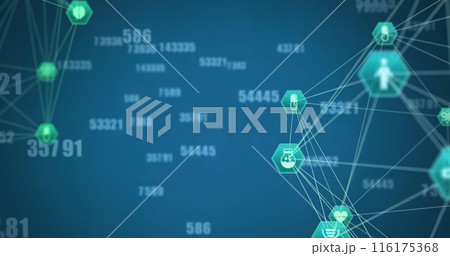 Image of connected icons globes and changing numbers over blue background 116175368