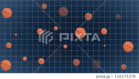 Image of basketballs of different sizes floating in blue background 116175370