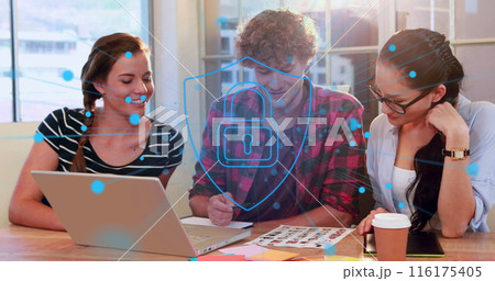 Image of security padlock icon against diverse photographers discussing over photos at office Image of security padlock icon against diverse photographers discussing over photos at office 116175405