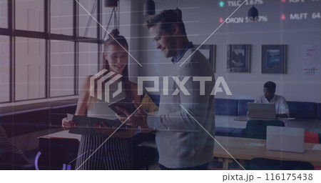Image of stock market data processing against diverse man and woman discussing at office 116175438
