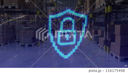 Image of shield with padlock and data processing over warehouse 116175498