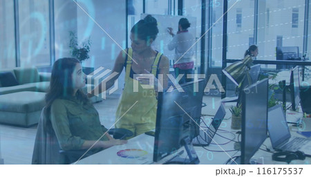 Image of statistical, stock market data processing over two diverse women discussing at office Image of statistical, stock market data processing over two diverse women discussing at office 116175537