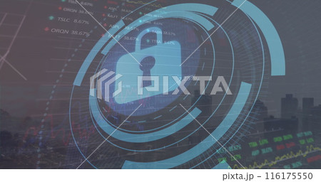 Image of padlock in loading circles, graphs, trading board over aerial view of modern city 116175550