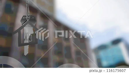 Image of bar graph icons and hanging silver house keys against blurred view of tall building 116175607