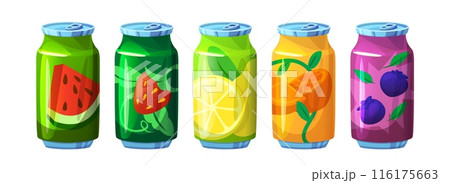 Fruit and berry carbonated soda in tin can. Fruit and berry carbonated soda in tin can. 116175663