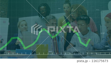 Image of statistical data processing against diverse colleagues discussing together at office Image of statistical data processing against diverse colleagues discussing together at office 116175673