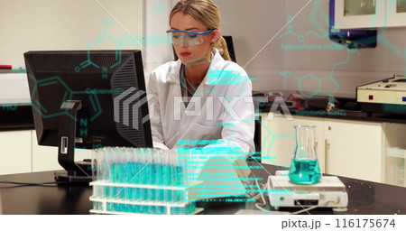 Image of medical data processing on caucasian female scientist using computer at laboratory 116175674