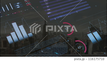 Image of multicolored infographic interface over aerial view of modern city against sky 116175710