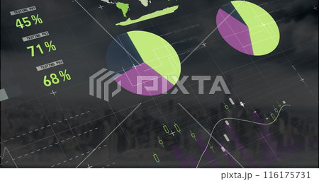 Image of multicolored infographic interface over modern cityscape against cloudy sky 116175731