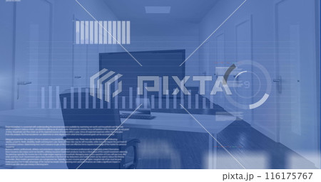 Image of icons, graphs, trading board, loading circles, chair, desktop in office 116175767