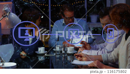 Image of network of digital icons against diverse businesspeople discussing together at office 116175802