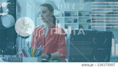 Image of statistical data processing against thoughtful caucasian woman using computer at office Image of statistical data processing against thoughtful caucasian woman using computer at office 116175807