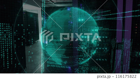 Image of data processing over spinning globe against computer server room 116175822