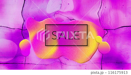 Image of sale text in black over yellow globule on purple liquid background Image of sale text in black over yellow globule on purple liquid background 116175913
